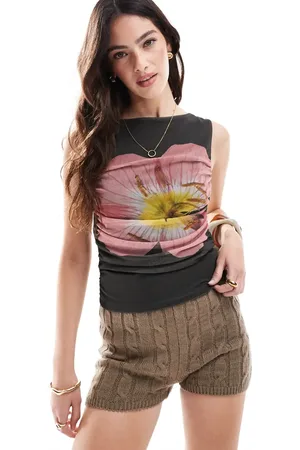 ASOS Floral placement slash neck mesh top in
