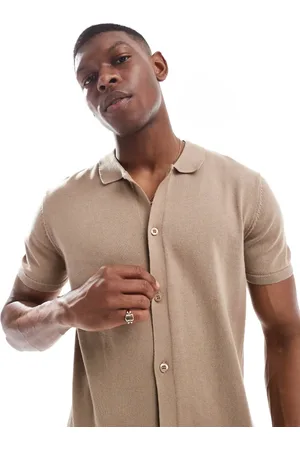 New Look Knitted button down short sleeved shirt in tan