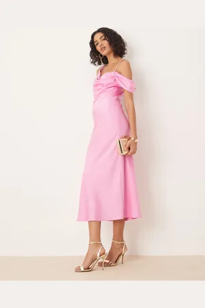 Pretty Lavish Off shoulder satin midaxi slip dress in
