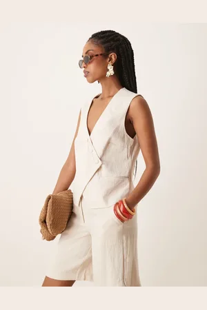 VILA Tailored asymmetrical placket detail waistcoat co-ord in birch cream