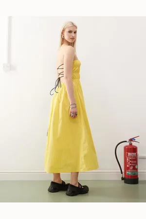 COLLUSION Ruched thin strap maxi dress in yellow stripe