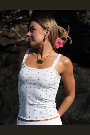 Daisy Street X Molly Mcfarlane ditsy rib lace trim strap cami top in ditsy floral