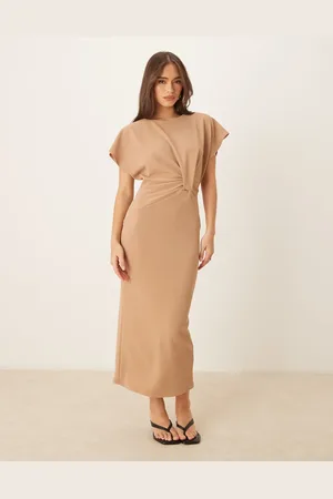 ASOS Short sleeve twist front midi dress beige