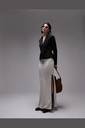 Topshop Linen bias maxi skirt in natural with black piping