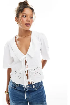 ASOS Collared tea blouse with broderie detail in cream