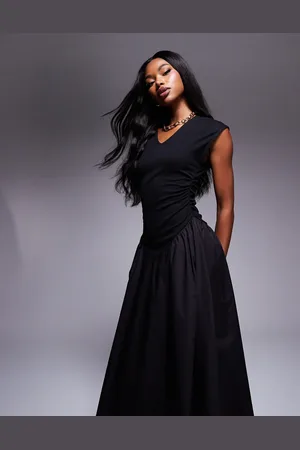 ASOS Sleeveless v-neck ruched midi dress with full poplin skirt in