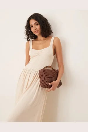 ASOS Crinkle sweetheart neck midi dress in stone