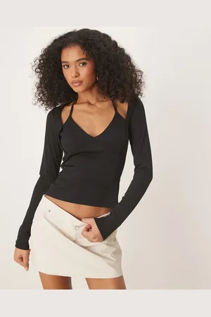 ASOS Rib halter neck long sleeve top in