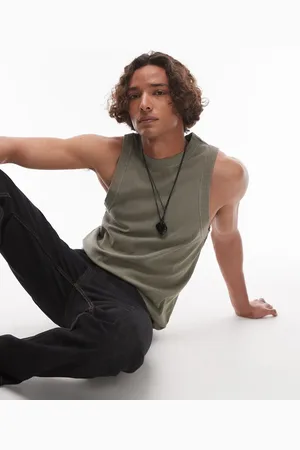Topman High neck stripe rib vest in washed sage