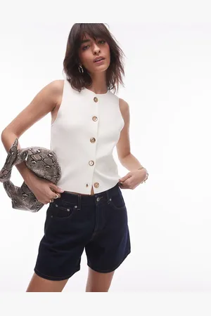 MANGO Button through fine knit vest with gold button in buttermilk