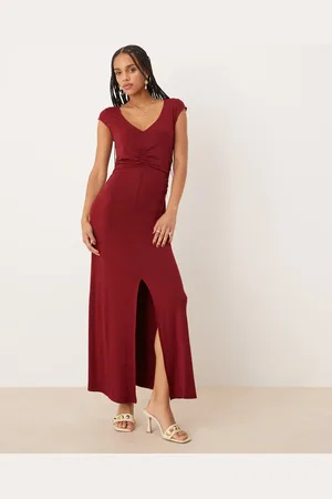 ASOS Cap sleeve waist detail midi tea dress in burgundy