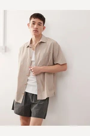 Reclaimed Boxy cropped shirt in beige and blue stripe