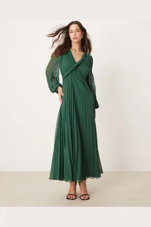 ASOS Twist detail wrap front pleated midi dress in forest green
