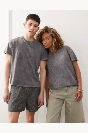 Reclaimed Unisex acid wash cropped boxy tshirt in charcoal