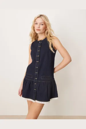 Neon Rose Denim button front pinny shift dress in indigo blue