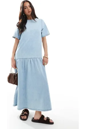 ASOS Denim t-shirt midi dress with drop waist in midwash