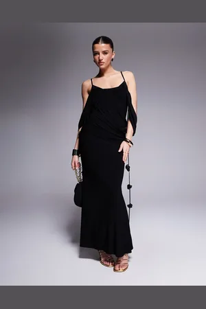 ASOS Draped bardot layered neckline midi dress with flower trims in