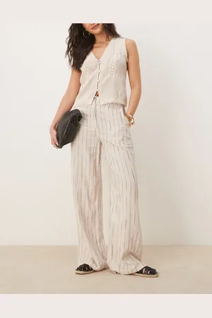 ASOS Relaxed straight leg trousers with linen in natural squiggle stripe