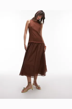 MANGO Linen dropped waist maxi dress with sheer hem in chocolate