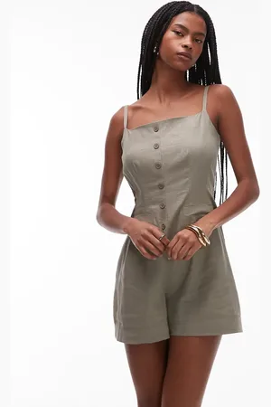 Topshop Linen button down playsuit in khaki