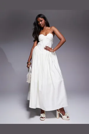 ASOS Cotton sateen corset maxi dress with bow back in buttermilk