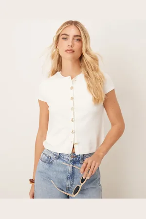 ASOS Knitted structured cap sleeve cardigan with gold buttons in cream