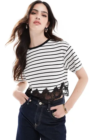 Miss Selfridge Stripe lace hem short sleeve t-shirt