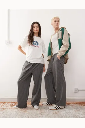 Reclaimed Unisex pull on wide leg pinstripe trouser in charcoal