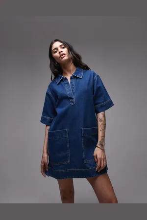 Topshop Denim mini pullover short sleeved rugby dress mid