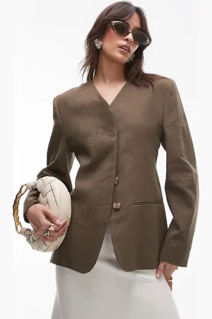 MANGO Capsule linen mix structured blazer with cinched waist in olive