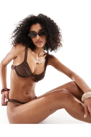 Miss Selfridge Mix and match ruched cup detail bikini top in choc