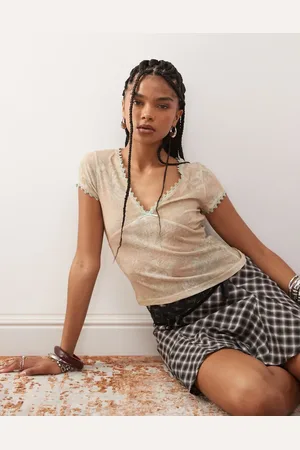Reclaimed V neck paisley mesh t-shirt with lace and bow details in blush