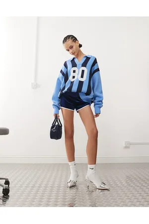 Edikted Larson oversized polo sweater in blue and navy stripe