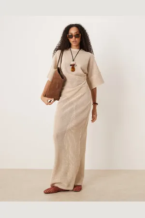 ASOS Crochet t shirt tuck midi dress in stone