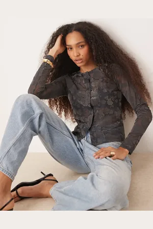 ASOS Shrunken flock floral mesh button through sheer top in petrol