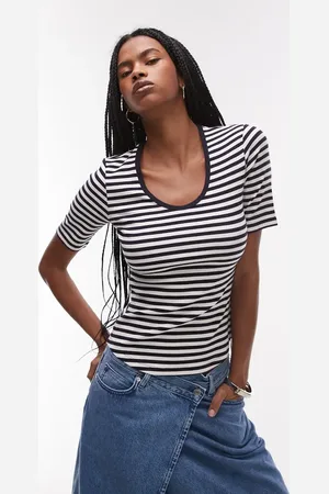 ARKET Jersey ribbed t-shirt top with scoop neck in blue stripes