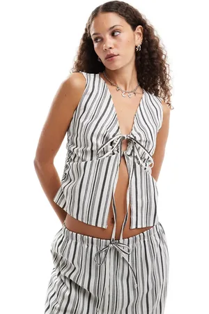 COLLUSION Stripe woven look shirred tank top with tie side co-ord