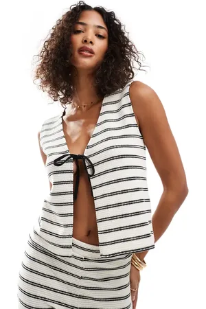 Pieces® Tie front crochet vest co-ord in mono stripe