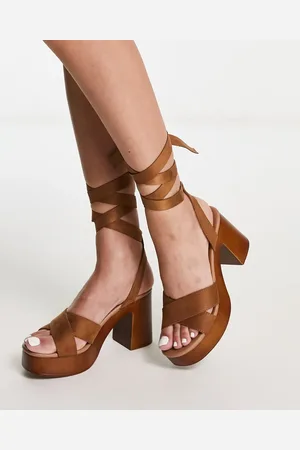 New Look Suedette ankle tie platform heeled sandals in tan