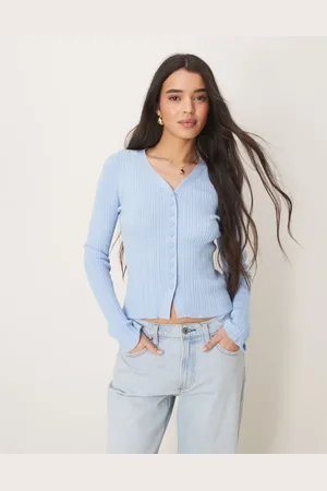 ASOS Button front v neck cardigan with frill in rib in light