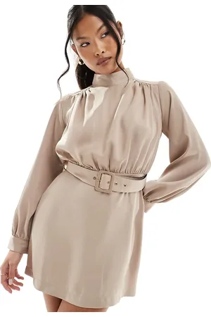 Closet High neck belted mini dress in mocha