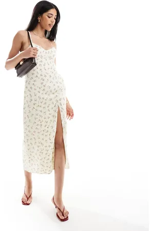 Bershka Cross back midaxi slip dress in butter floral