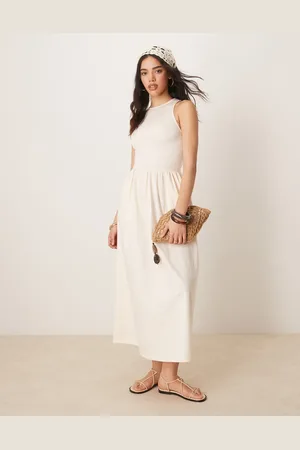 ASOS Racer crinkle bodice poplin skirt midi dress in cream