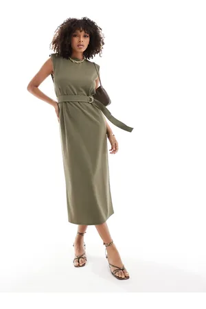 ASOS Sleeveless shoulder pad midi dress with belt in khaki