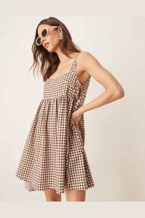 ASOS Tie side baby doll mini dress in brown gingham