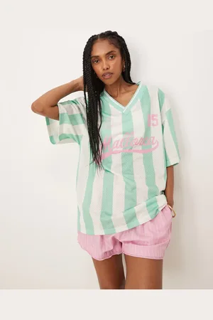 ASOS Oversized v neck football t-shirt with mallorca graphic in green stripe