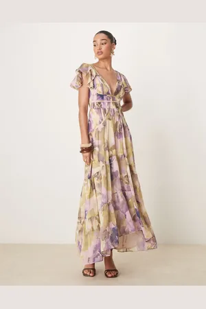 ASOS Flutter sleeve ruched maxi dress with hi low hem in blurred floral