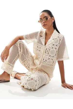 Object Patched crochet shirt co-ord in cream