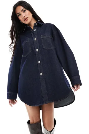 Miss Selfridge Oversized button up denim tunic in mid wash