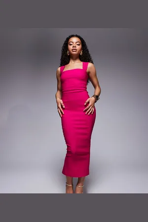 Vesper Bengaline bengaline square neck thick strap midaxi dress in cerise